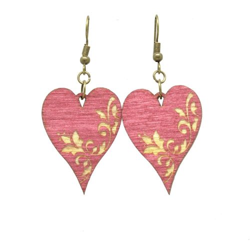 Piros vintage szív fa fülbevaló